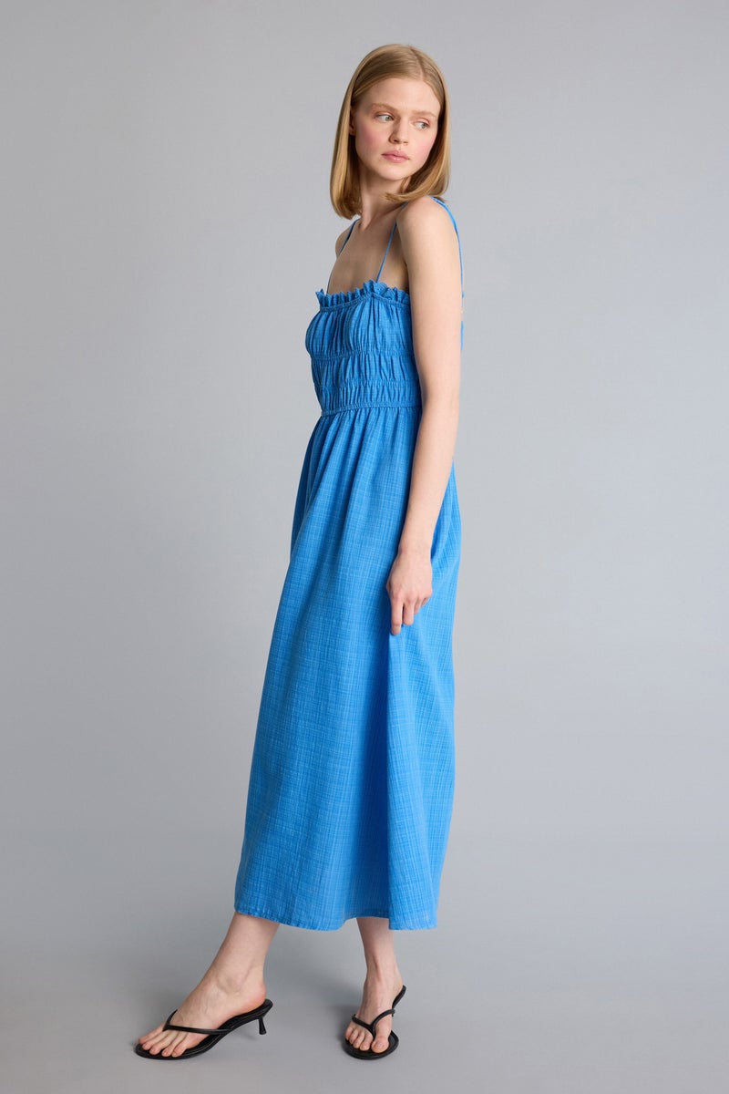 DeFacto Blue Woman Square Collar Linen Look Midi Dress Casual - Image 3