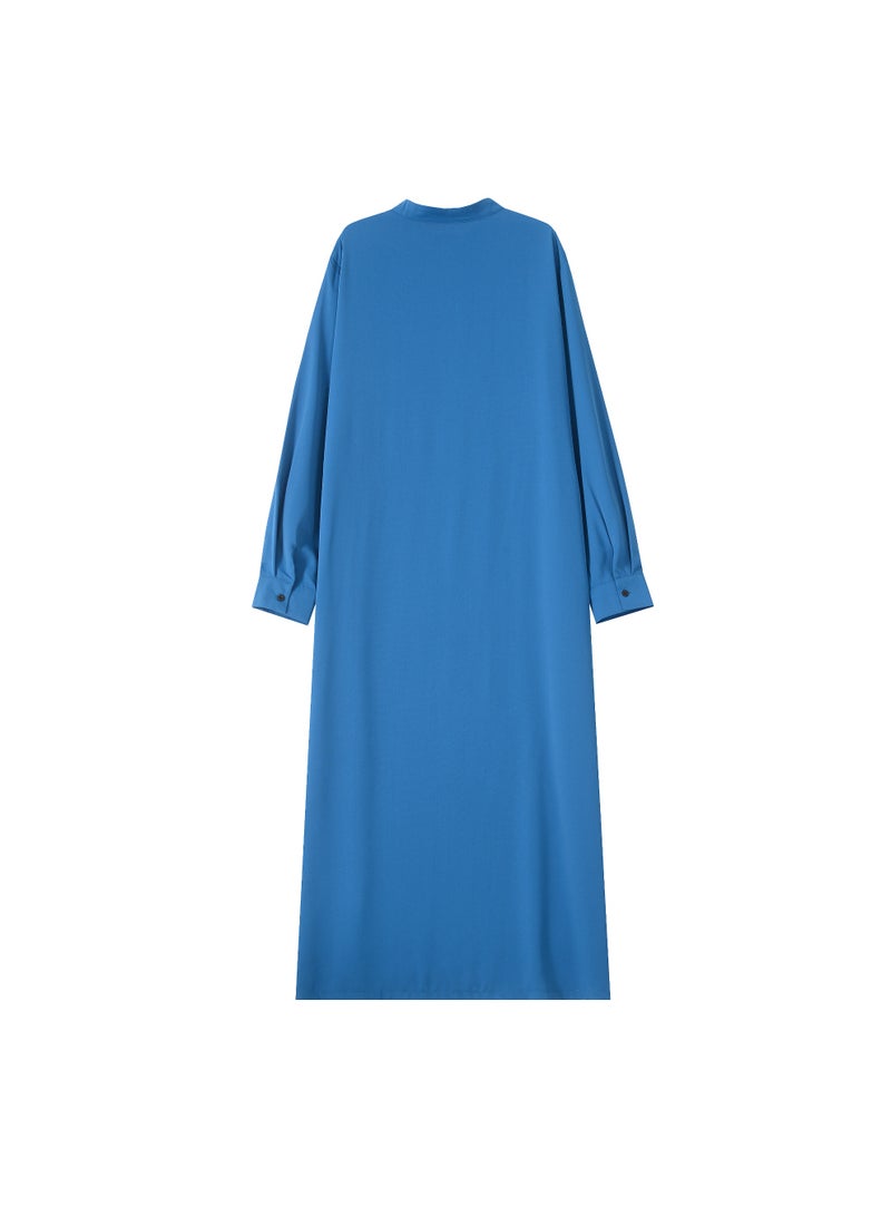Men's Royal Blue Traditional Thobe, Elegant Long Sleeve Embroidered Jalabiya Kandura - Image 2