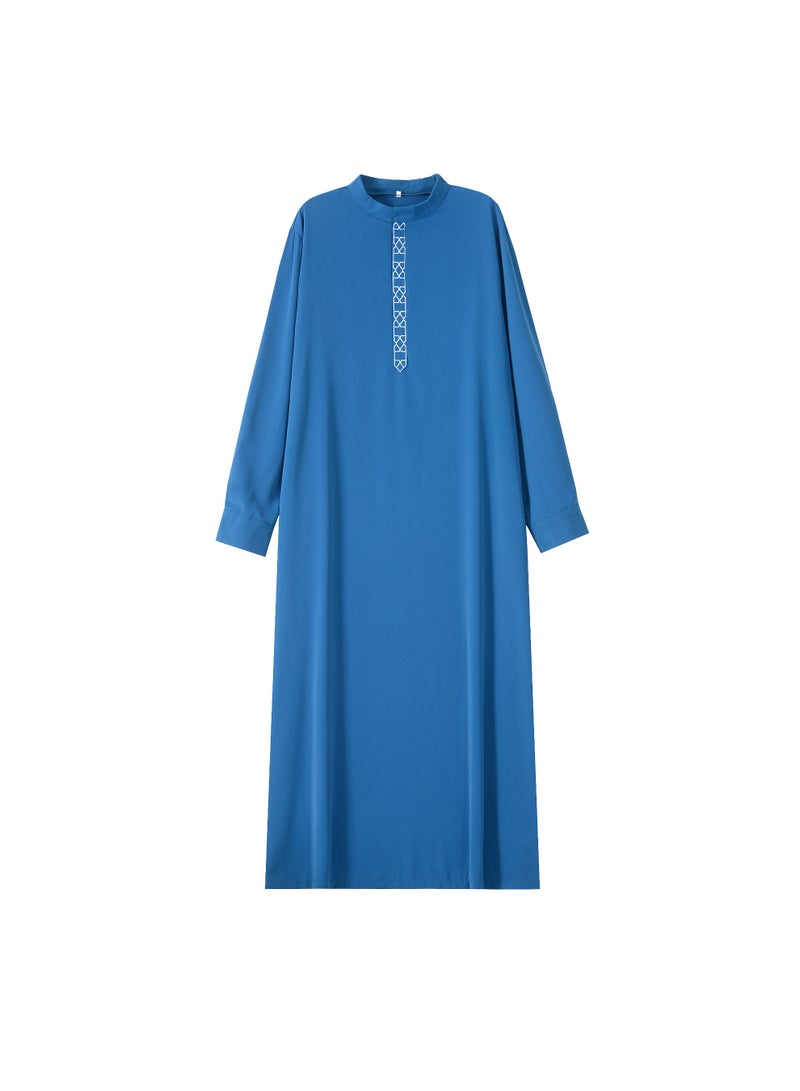 Men's Royal Blue Traditional Thobe, Elegant Long Sleeve Embroidered Jalabiya Kandura - Image 1