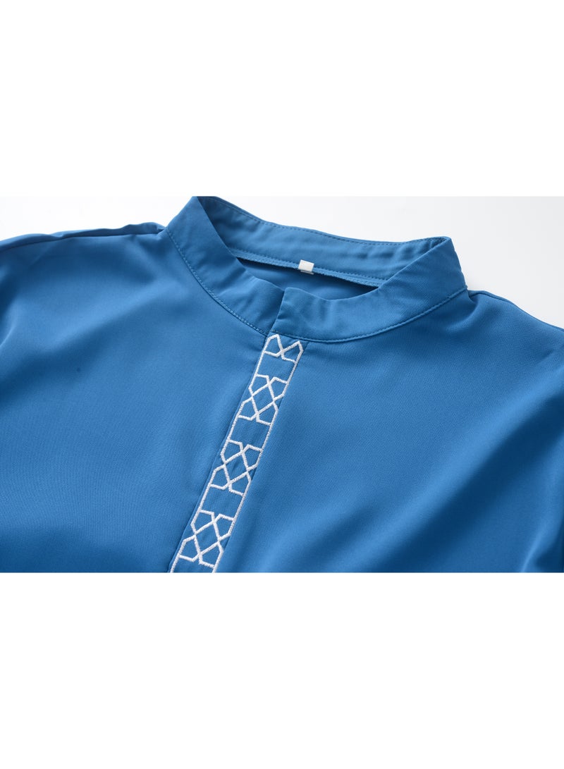 Men's Royal Blue Traditional Thobe, Elegant Long Sleeve Embroidered Jalabiya Kandura - Image 3