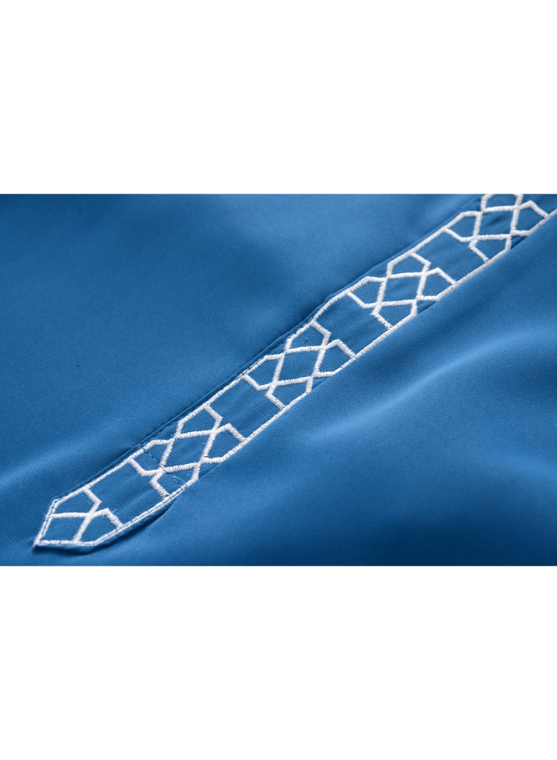 Men's Royal Blue Traditional Thobe, Elegant Long Sleeve Embroidered Jalabiya Kandura - Image 4