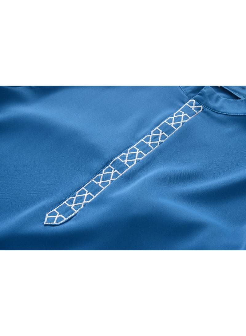 Men's Royal Blue Traditional Thobe, Elegant Long Sleeve Embroidered Jalabiya Kandura - Image 5