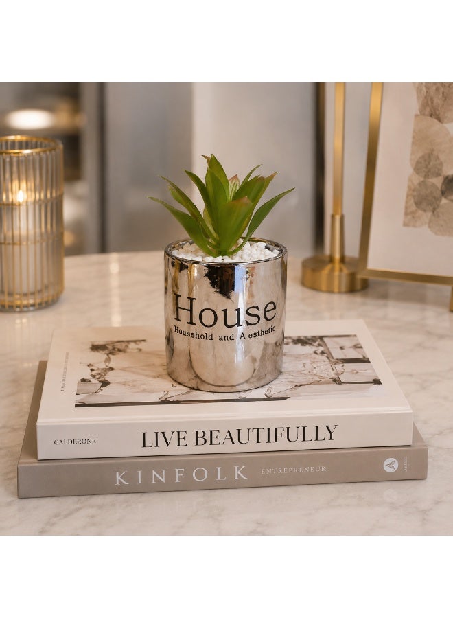 نبات عصاري صناعي في إصيص فضي معدني لامع بتصميم "House" - ديكور منزلي ومكتبي أنيق مع حصى أبيض - Image 1