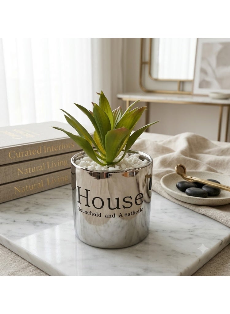 نبات عصاري صناعي في إصيص فضي معدني لامع بتصميم "House" - ديكور منزلي ومكتبي أنيق مع حصى أبيض - Image 4