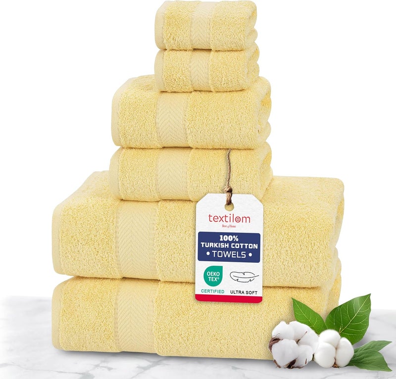 TEXTILOM 100% Turkish Cotton 6 Pcs Bath Towel Set, Luxury Bath Towels for Bathroom, Soft & Absorbent Bathroom Towels Set (2 Bathtowels, 2 Hand Towels, 2 Washcloths)- Yellow - Image 1