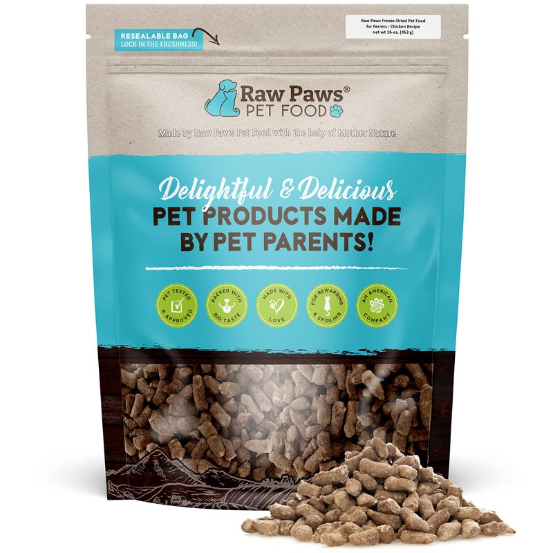 Raw Paws Freeze Dried Ferret Food - Chicken Recipe 16-oz - Made in USA - Grain Free Diet for Small, Adult, Senior & Baby Ferrets - Use as Treats for Rewarding & Training, Ferret Food Dry - Image 1