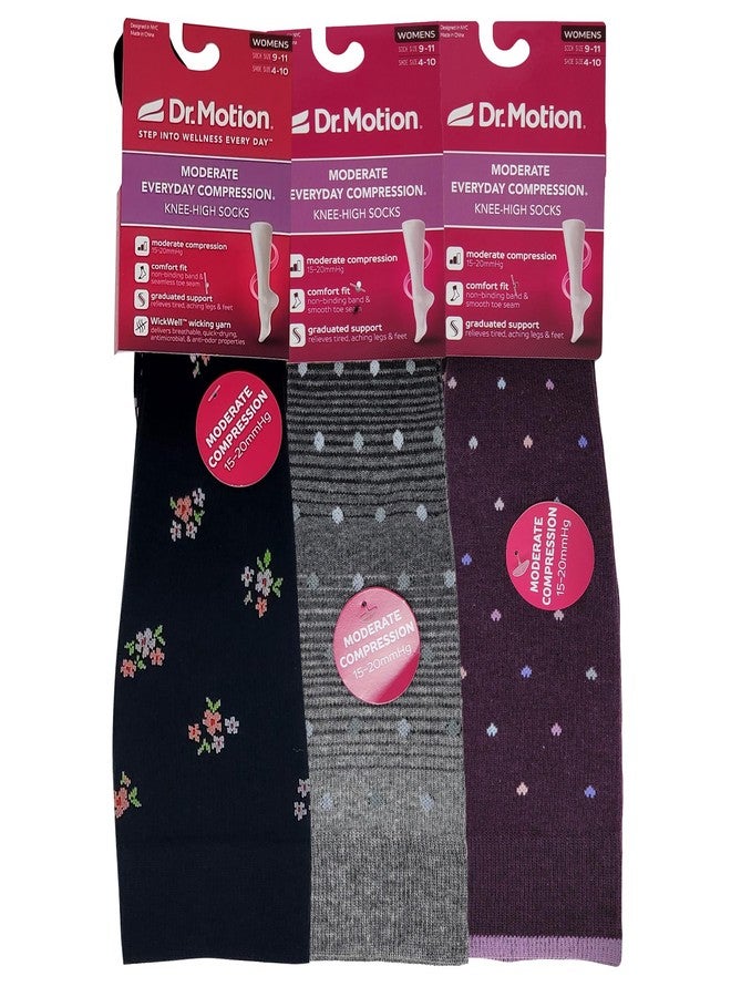 Dr Motion Women's Compression Knee High Socks, 15-20 mmHg, 3 Pairs (PT#E, 9-11) - Image 2