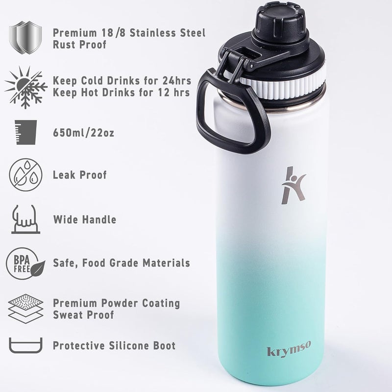 KRYMSO 650ml Stainless Steel Water Bottle, Sports Water bottle with Straw, Spout Lid, Protective Boot, Insulated Water Bottle, Thermos Flask, Hot Water bottle for kids (650ml / 22oz, Ocean Breeze) - Image 4