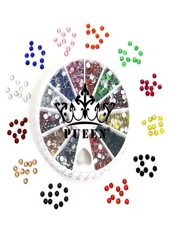 PUEEN 3d Nail Art Wheel of Round Brilliant 14 Cut 3mm - 10ss Resin Rhinestones Studs in 12 Colors for Cellphones & Nails Decorations - Image 1