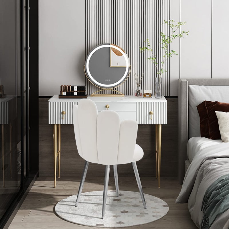 BOWTHY Vanity Chair for Makeup Room - Midcentury Modern Accent Chair for Living Room Bedroom, Velvet Chair with Back Support and Metal Legs (White) - Image 3