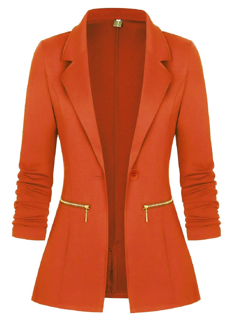 Genhoo Women's Jacket Blazer Solid Color Casual Knit Blazer with Pockets Orange X-Large - Image 1