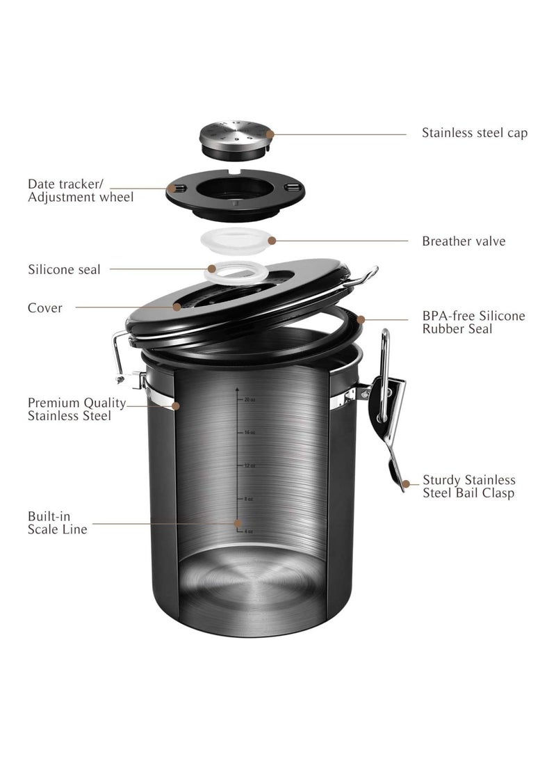 Coffee Canister, Airtight Stainless Steel Kitchen Food Storage Container with Date Tracker and Scoop for Beans, Grounds, Tea, Flour, Cereal, Sugar, 1.8L, Black - Image 3