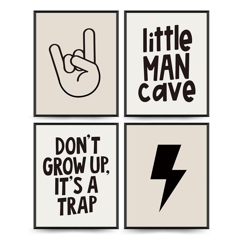 PLKMN Little Man Cave Wall Art Prints Preppy Peace Hand Lightning Sign Poster Prints for Boys Teen Bedroom Playroom Dorm Decor Dont Grow Up Its A Trap Prints 8x10 Inch Set of 4 Unframed - Image 1