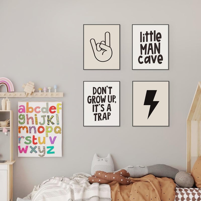 PLKMN Little Man Cave Wall Art Prints Preppy Peace Hand Lightning Sign Poster Prints for Boys Teen Bedroom Playroom Dorm Decor Dont Grow Up Its A Trap Prints 8x10 Inch Set of 4 Unframed - Image 2