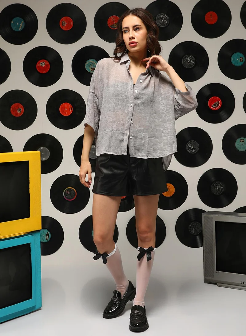 Campus Sutra Women's Coin Grey Sheer Geometric Block Oversized Shirt