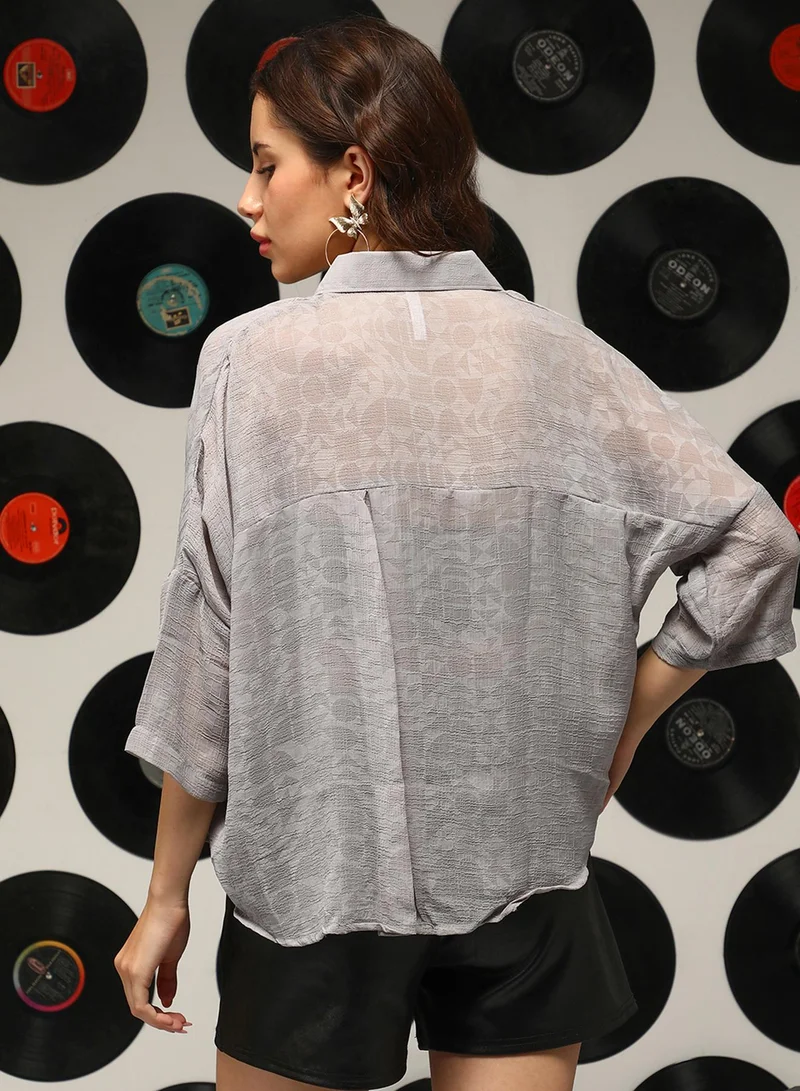 Campus Sutra Women's Coin Grey Sheer Geometric Block Oversized Shirt