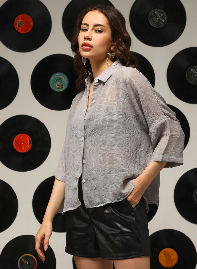 Campus Sutra Women's Coin Grey Sheer Geometric Block Oversized Shirt