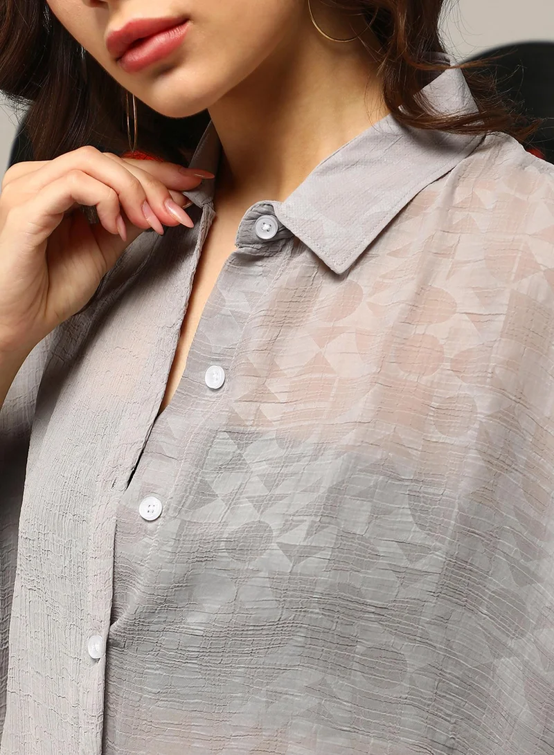 Campus Sutra Women's Coin Grey Sheer Geometric Block Oversized Shirt