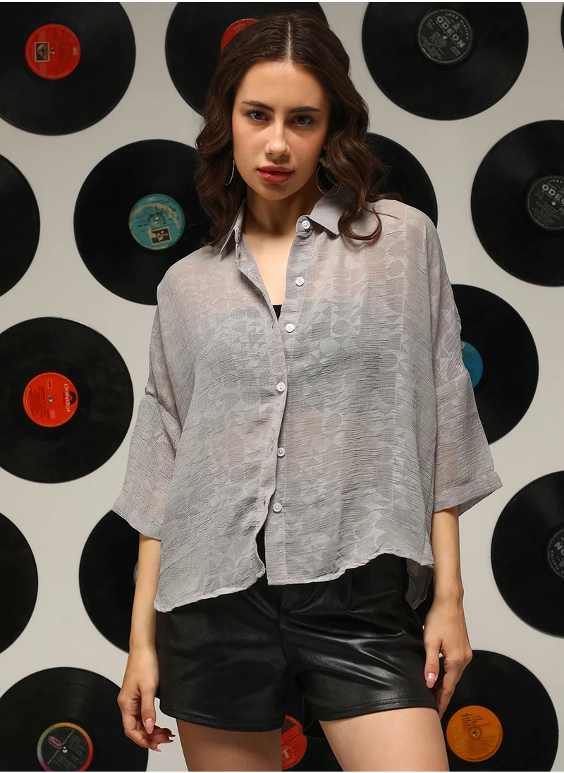 Campus Sutra Women's Coin Grey Sheer Geometric Block Oversized Shirt