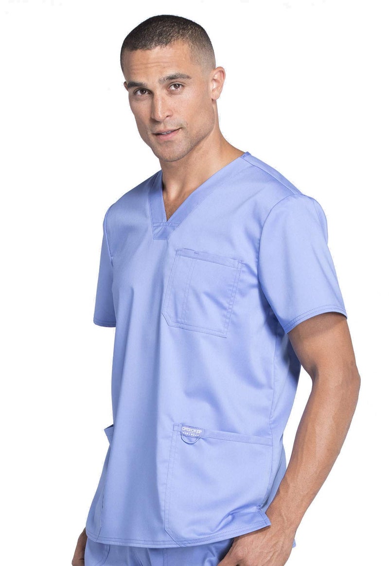 Cherokee Scrub top for Men V-Neck with 3 Pockets, Knit Details, Soft, Durable, Breathable, 2-Way Stretch Fabric - WW670, M, Ciel Blue - Image 3