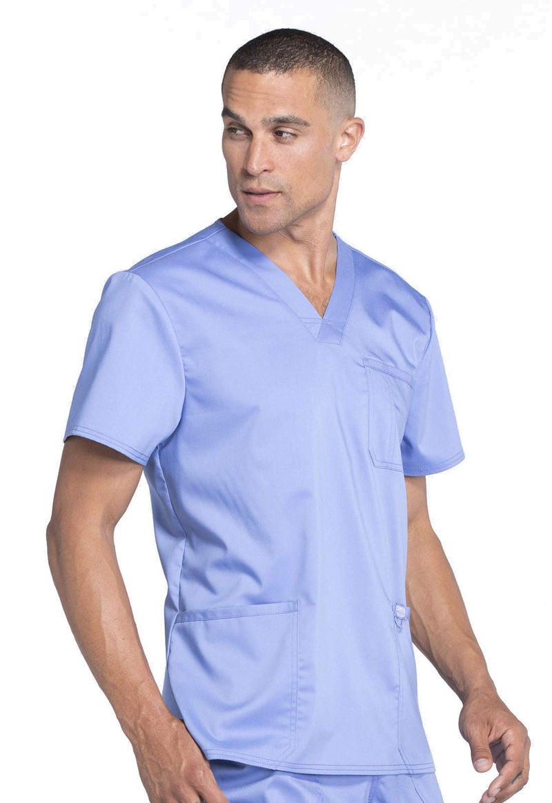 Cherokee Scrub top for Men V-Neck with 3 Pockets, Knit Details, Soft, Durable, Breathable, 2-Way Stretch Fabric - WW670, M, Ciel Blue - Image 5