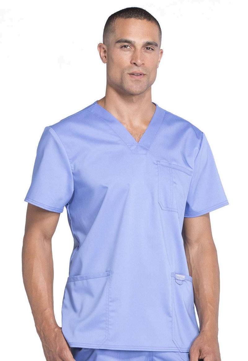 Cherokee Scrub top for Men V-Neck with 3 Pockets, Knit Details, Soft, Durable, Breathable, 2-Way Stretch Fabric - WW670, M, Ciel Blue - Image 1