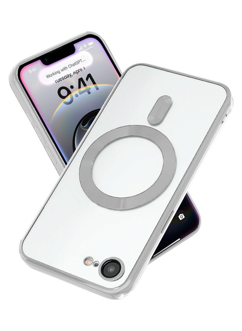 Raxoom Apple iPhone 16e 5G 2025 MagSafe Compatible PU Clear Case â€“ Luxury Plating Finish, Raised Lips for Camera Protection, Shockproof Transparent Cover with Slim Fit Design & Precise Cutouts Silver - Image 1