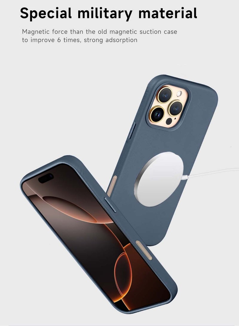 Wtech Apple iPhone 16 Pro Max 2024 Luxury Leather Magnetic Wireless Charging Case Original MagSafe Shockproof Case Cover - Strom Blue - Image 3