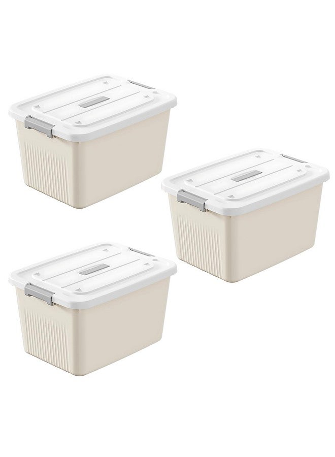 HoopVool Smiley Face Plastic Storage Bin with Locking Lid - Sturdy and Versatile Home Organizer, Available in Multiple Color And Size. (CREAM, PACK OF - 3, MEDIUM - 13 X 8.6 X 5.1 INCH) - Image 1