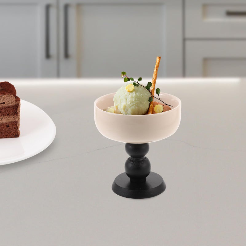 Ceramic Footed Dessert Bowl With Wood Base For Ice Cream And Beverage Serving - Image 4