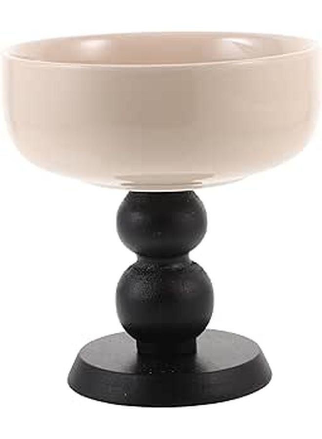 Ceramic Footed Dessert Bowl With Wood Base For Ice Cream And Beverage Serving - Image 1