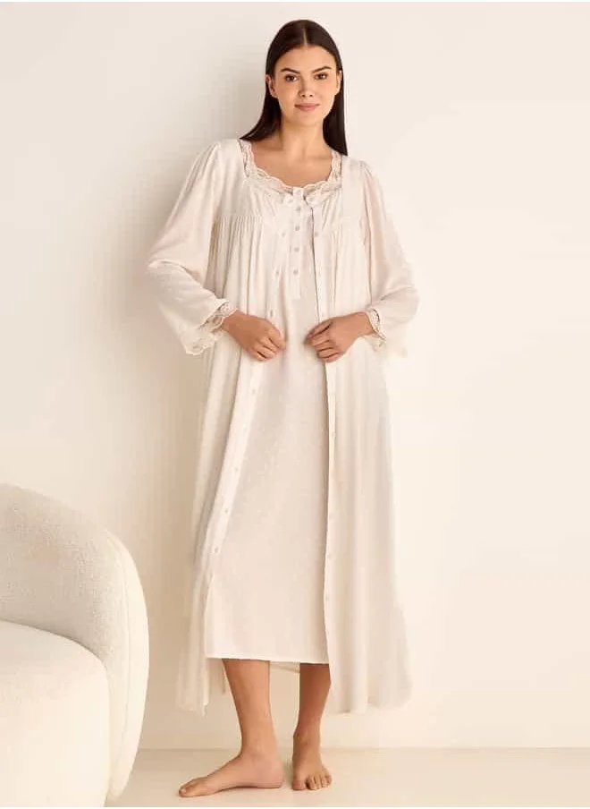 فاف Dobby Textured Camisole and Robe Set with Lace Detail