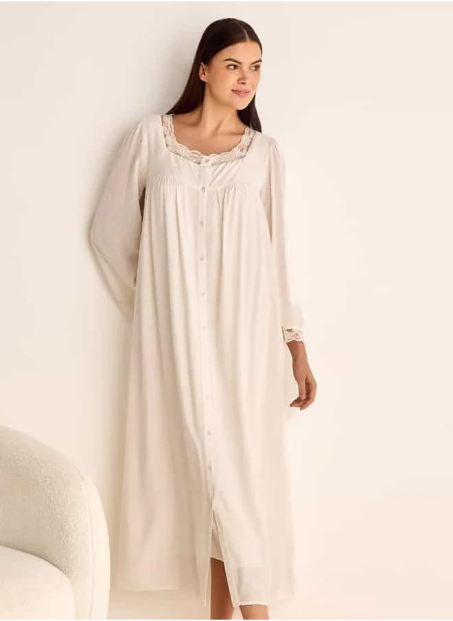 فاف Dobby Textured Camisole and Robe Set with Lace Detail