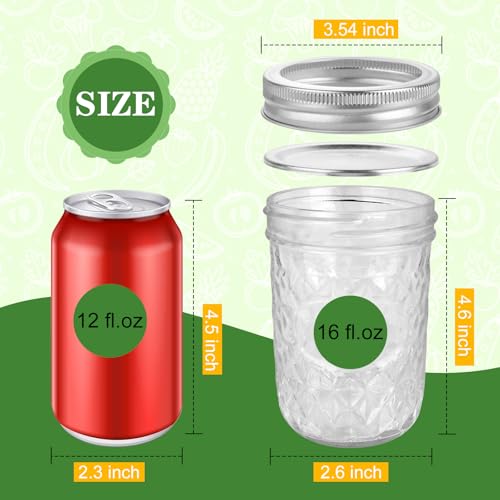 MagicSky Wide Mouth Mason Jars 16 oz with Lids Diamond Pint Canning Jars with Silver Split Cover Brush Labels Glass Jar for Preserving Pickling Salad fermenting Jam Jelly Honey Yogurt Set of 6 - Image 3
