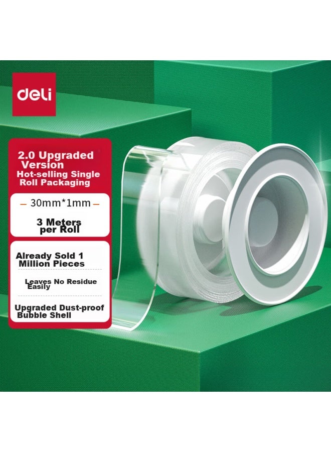 ديلي Deli Strong Nano Tape، شريط لاصق مزدوج الوجه غير مرئي، لاصق شفاف، 30 مم * 3 م، علبة ترابيع محسّنة مضادة للغبار، للاستخدام في السيارة والمنزل، قابل للغسل وإعادة الاستخدام، 1 لفة، 33601 - Image 1