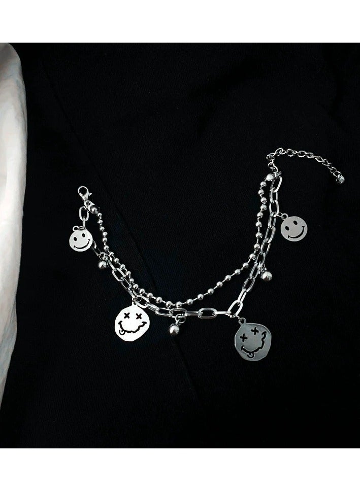 Goolsky Korean Double Chain Smiley Face Bracelet – Unisex Stainless Steel Layered Wristwear, Street Style Couple Jewelry - Image 1