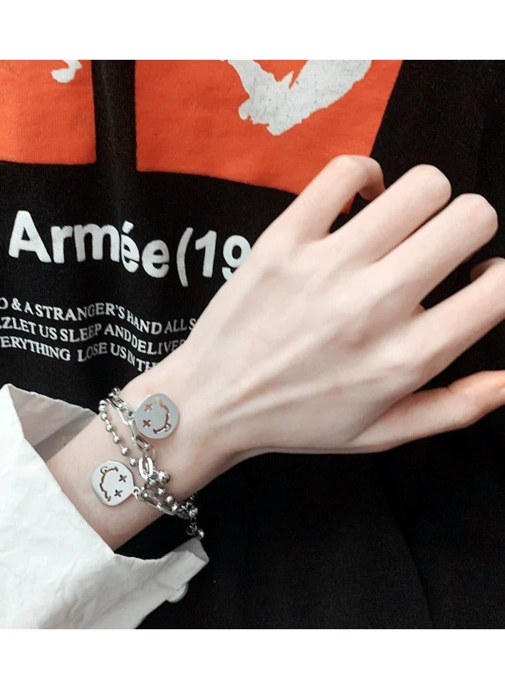 Goolsky Korean Double Chain Smiley Face Bracelet – Unisex Stainless Steel Layered Wristwear, Street Style Couple Jewelry - Image 2