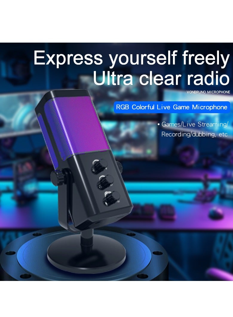YU'S M7 Dynamic Microphone for Vlogging Recording - Gaming Streaming - RGB Light - USB - Mute Button, Headphone Jack, Desktop Stand for Vlogging Vlogging Youtube Black Omnidirectional - Image 2