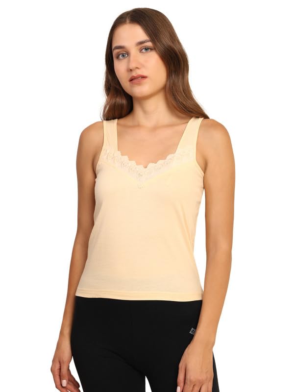 TIZEE Cotton Camisole Slip for Women Skin Wide Strap Non-Padded Innerwear for Layering & Sleepwear Soft Breathable Fabric with Lace Neck Size S - Image 1