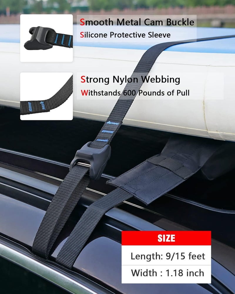 WONITAGO Premium 'No Scratch' Silicon Tie Down Cam Straps for Surfboards, Kayaks, SUP Paddleboards, Canoes, Snowboards 9/12/15 Ft (Pair) - Image 3