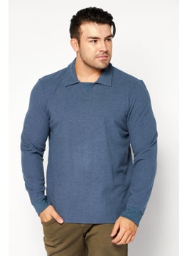 Men Spread Collar Long Sleeve Textured Sweater, Slate Blue