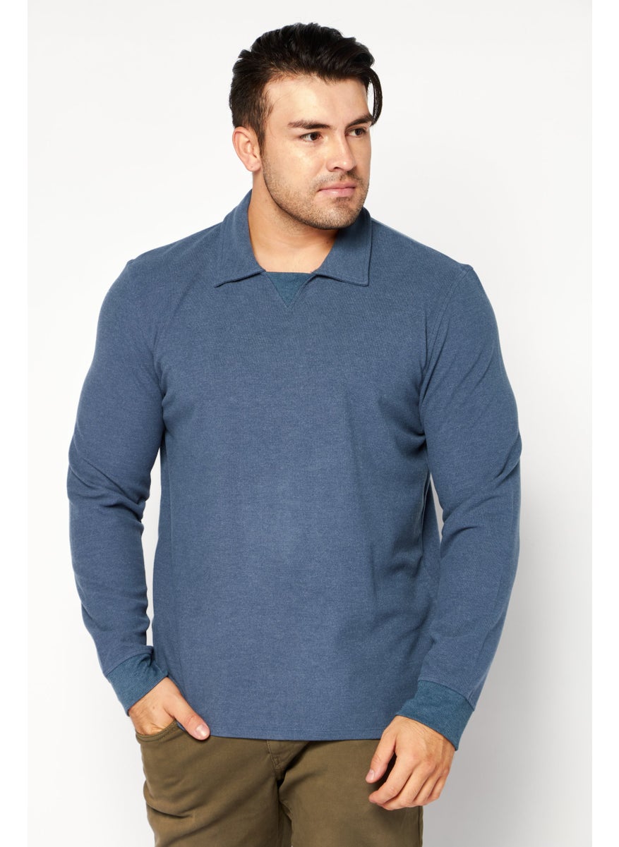 Kenneth Cole - Men Spread Collar Long Sleeve Textured Sweater, Slate Blue - Image 1
