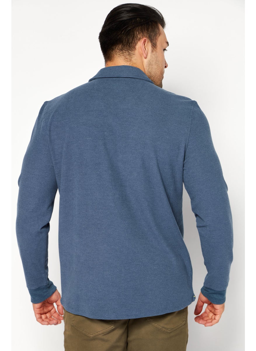 Kenneth Cole - Men Spread Collar Long Sleeve Textured Sweater, Slate Blue - Image 1