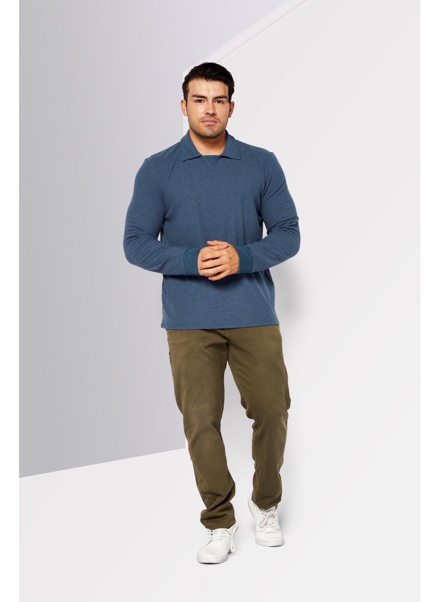 Kenneth Cole - Men Spread Collar Long Sleeve Textured Sweater, Slate Blue - Image 1