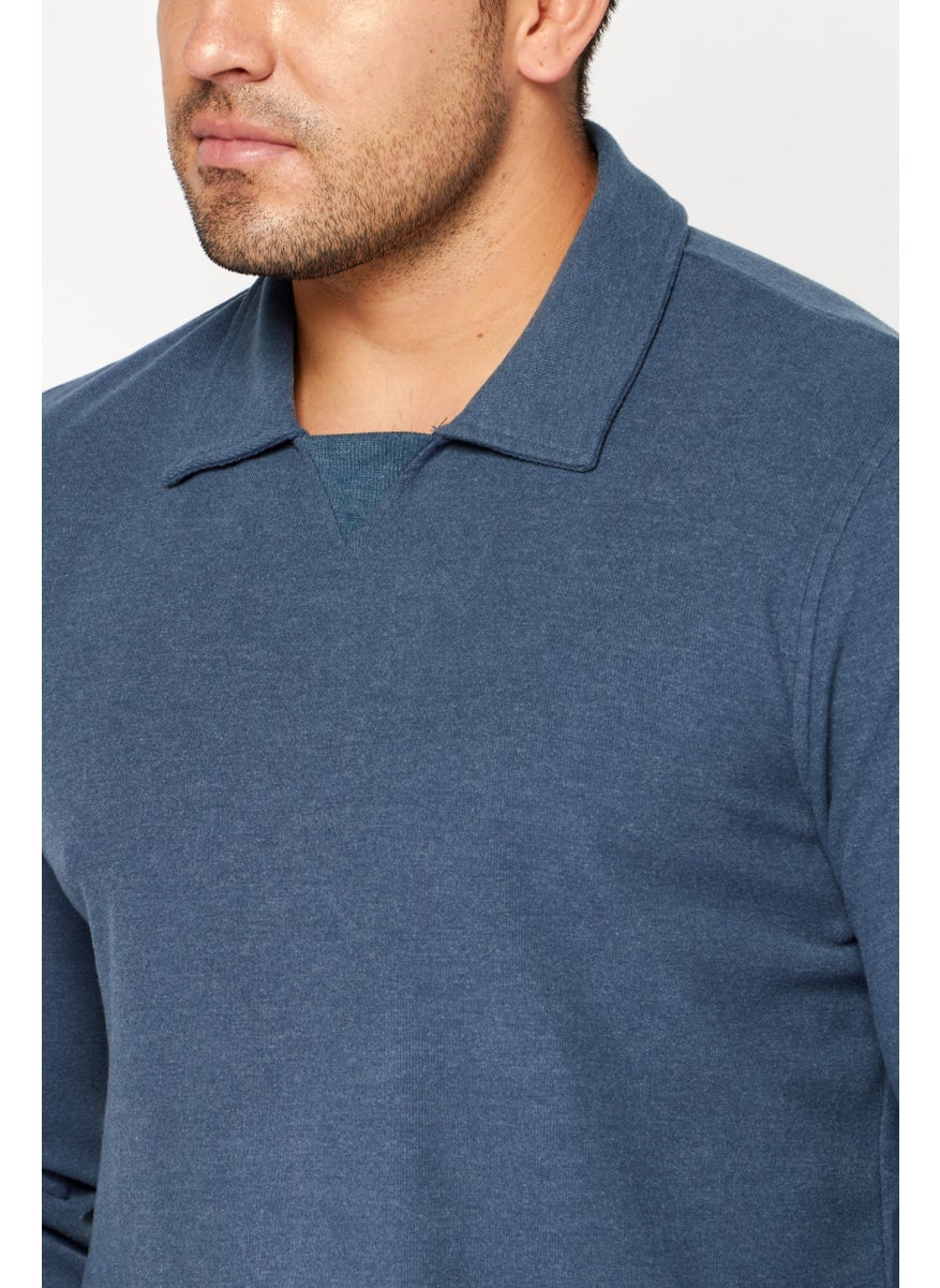 Kenneth Cole - Men Spread Collar Long Sleeve Textured Sweater, Slate Blue - Image 1