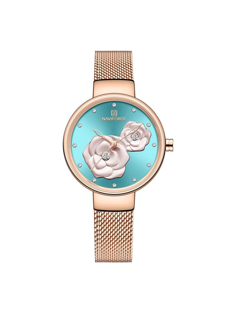 NAVIFORCE Elegant Women's Quartz Watch Stylish Round Dial with Floral Embossed Design Sparkling Crystal Hour Markers Stainless Steel Mesh Strap Fashionable Timepiece for Everyday Wear and Special Occasions  - Image 1