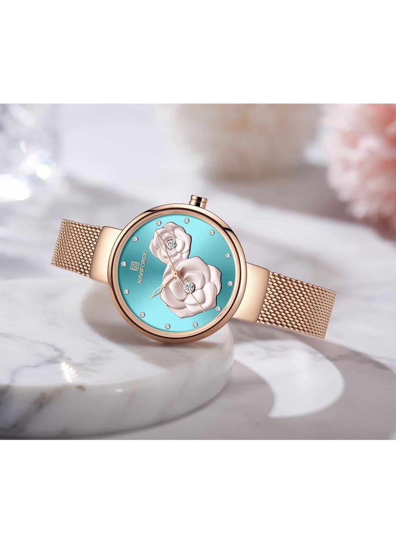 NAVIFORCE Elegant Women's Quartz Watch Stylish Round Dial with Floral Embossed Design Sparkling Crystal Hour Markers Stainless Steel Mesh Strap Fashionable Timepiece for Everyday Wear and Special Occasions  - Image 4