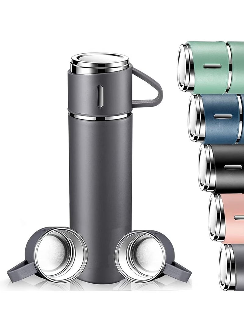 TIGER 500ml Stainless Steel Vacuum Thermos Flask with Silicone Handle – Insulated Water Set with 2 Stainless Steel Cups for Hot & Cold Drinks – Ideal for Outdoor Travel. Camping, Hiking | Gift Box Set (2 PACK) GREY - Image 1