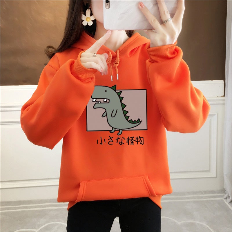2022 Autumn Winter Hoodie Women Fleece Thickened Korean Oversized Orange 