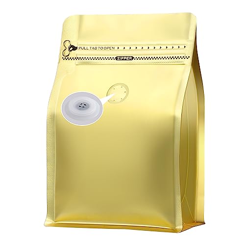 REMTAP Coffee Bags with Valve(50pcs,8oz) Golden High Barrier Aluminumed Foil Flat Bottom Standing Coffee Beans Storage Bags,Reusable Heat Sealable Side Zipper Pouches for Home or Store - Image 1